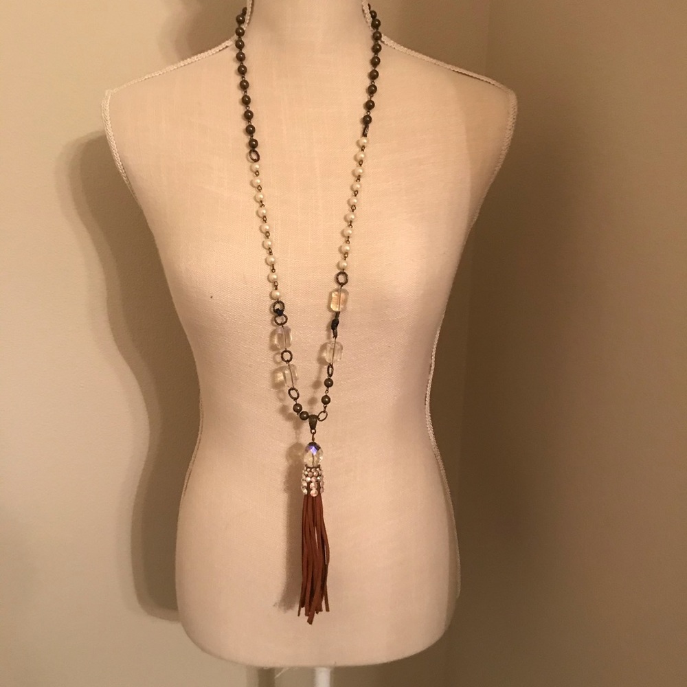 Pink panache leather opal stone long necklace